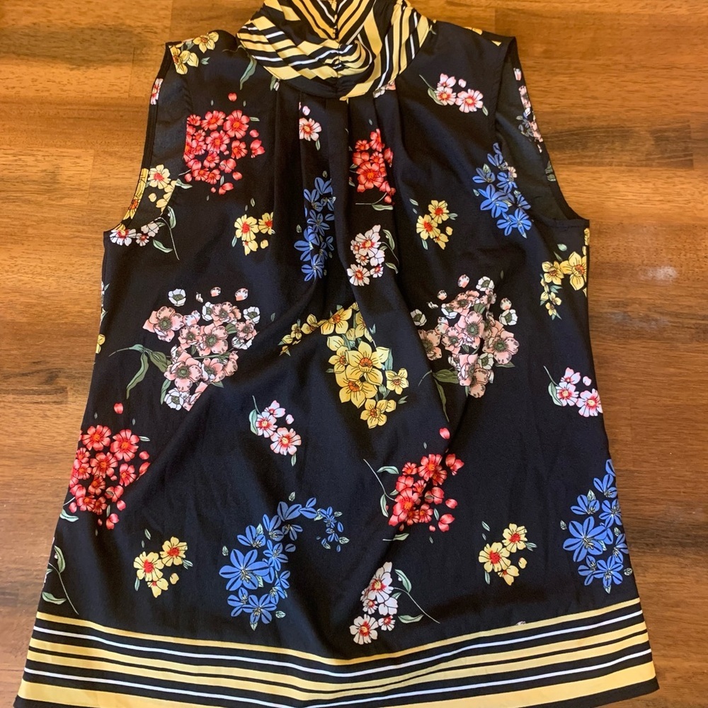 7th Ave. Design studio top Small Black with Multi Color Floral High Neck Closure